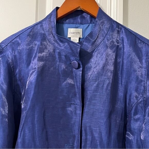 Chico’s Size 2 Metallic Linen Blend Long Bell Sleeve Jacket Blazer Cobalt - Picture 2 of 12